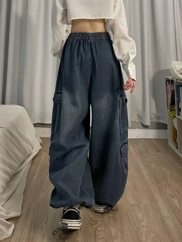 Miniatura 6 de Pantalones de mezclilla holgados Grunge Y2K Emo Alt Cargo Pant Fairycore Demin Aesthetic Jogger Pantalones de chándal Hiphop Cordón Streetwear