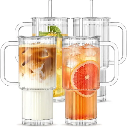 Miniatura 10 de INSETLAN Vaso de vidrio acanalado de 24 onzas con asa y tapa, paquete de 2 tazas grandes para café helado con pajitas, taza de vidrio moderna