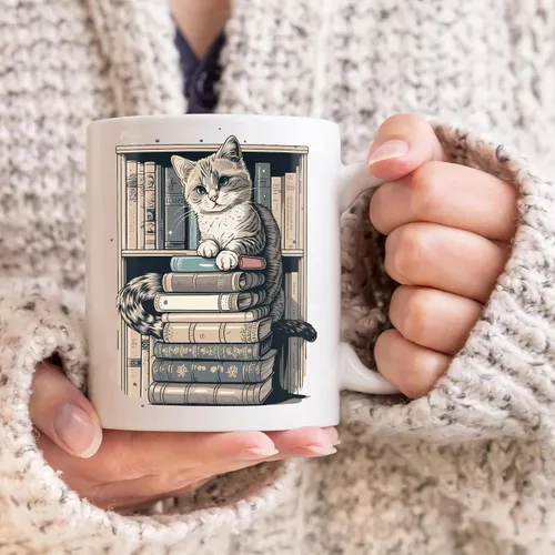 Miniatura 4 de Taza divertida para amantes de los gatos, tazas de biblioteca para amantes de los gatos y los libros, taza de libros y gatos, artículos