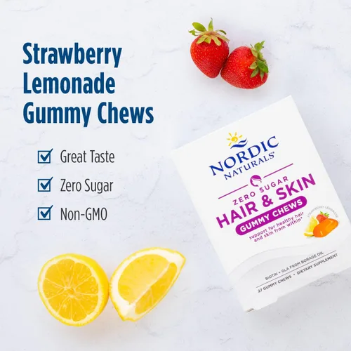 Miniatura 2 de Nordic Naturals Gomitas masticables para el cabello y la piel sin azúcar, limonada de fresa, 27 gomitas masticables - Biotina + GLA de aceite