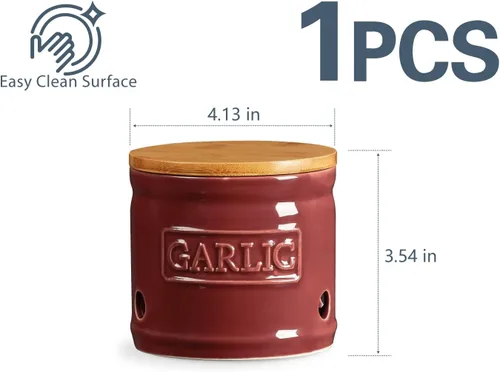 Miniatura 6 de ONEMORE Soporte de ajo con tapa, recipiente de cerámica para ajo de 4 pulgadas, rojo oscuro