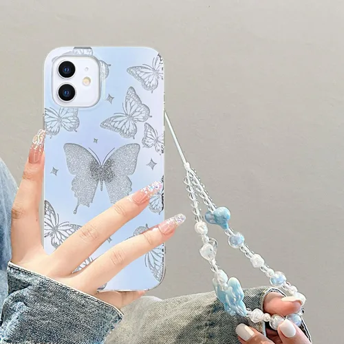 Miniatura 3 de Abbery - Funda diseñada para iPhone 12/12 Pro con purpurina, transparente y linda con diseño de mariposa, correa para la muñeca, brillante