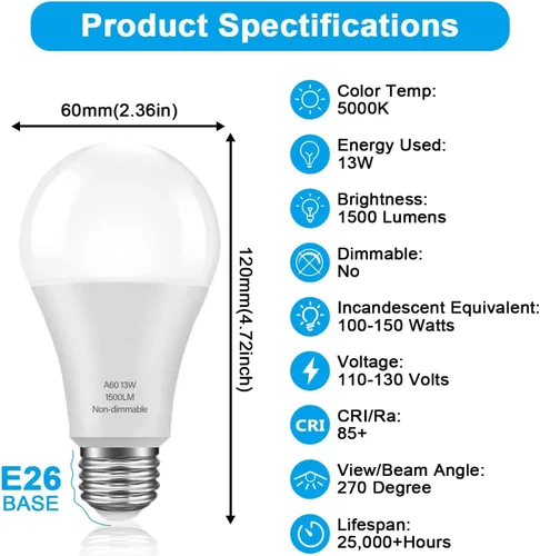 Miniatura 2 de Bombillas LED, bombillas LED A19 equivalentes a 100 W, luz blanca diurna de 13 W, 5000 K, bombillas LED de base media E26, 1500 lúmenes,