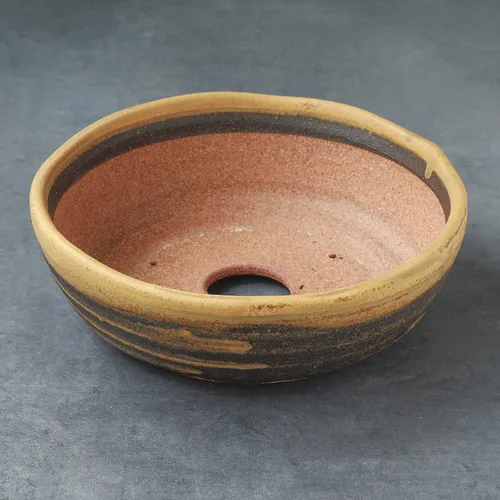 Miniatura 6 de Wazakura Serie Shigaraki Maceta de Bonsái de Cerámica Esmaltada con Rayas de Polvo Amarillo Hecha en Japón, Contenedor de Entrenamiento para Jardín