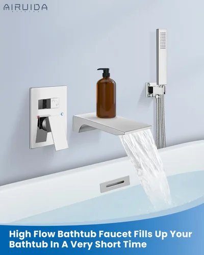 Miniatura 2 de Airuida Grifo de bañera de montaje en pared con boquilla de cascada, grifo de bañera montado en la pared con ducha de mano de una sola manija, cromo