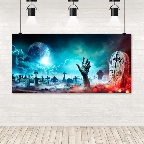 Miniatura 6 de Telón de fondo de Halloween para fotografía de cementerio de Halloween de 20 x 10 pies, telón de fondo de lápida de calavera aterradora, calabaza