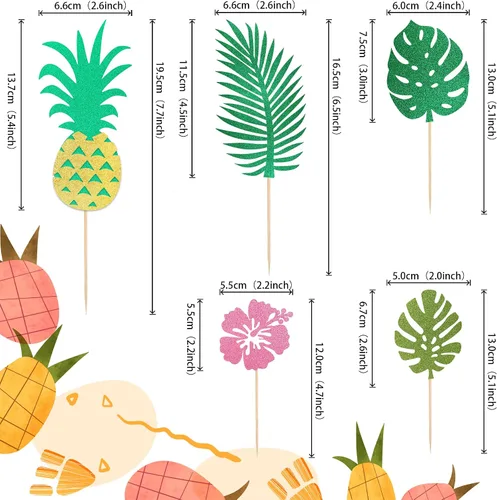 Miniatura 2 de 7 piezas de hojas tropicales con purpurina para tartas, plantas verdes de la selva, paletas, hojas de palmera, decoración de pasteles para verano