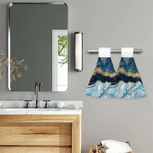Miniatura 6 de Juego de 2 toallas de mano de mármol azul dorado con bucle, toallas de secado rápido, toallas suaves para cocina, platos de té, toallas para baño