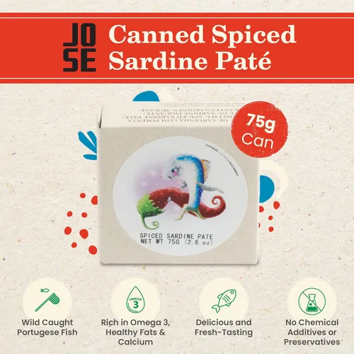 Miniatura 3 de Paté de sardina especiado enlatado por Jose Gourmet, Sardinas portuguesas capturadas en la naturaleza, Paté de pescado enlatado, Omega 3, Comercio