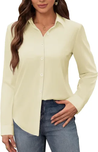 Miniatura 33 de Siliteelon - Camisas de vestir para mujer, a prueba de manchas, sin arrugas, de manga larga, sólidas, para trabajo y negocios, con botones