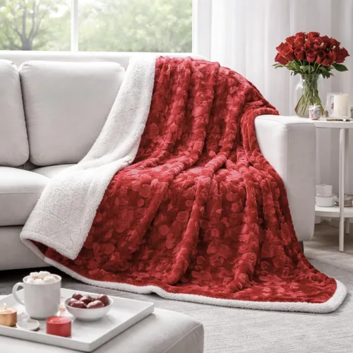 Miniatura 4 de DaDa Bedding Manta de Tiro Romántica de Piel Sintética Roja para San Valentín - Corazones Encantadores Mullidos Felpa Sherpa en el Reverso con Forro