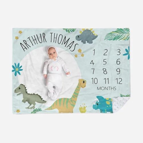 Miniatura 9 de Manta de hito mensual personalizada para bebé, nombre personalizado con diseño de dinosaurio, fondo de fotografía, manta de felpa suave con respaldo