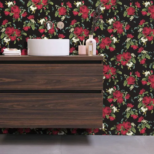 Miniatura 5 de VaryPaper Papel tapiz vintage con diseño floral oscuro de rosas rojas, 17.7 x 78.7 pulgadas, papel de contacto floral rojo para paredes, armarios
