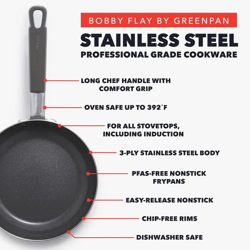 Miniatura 12 de GreenPan x Bobby Flay - Juego de 12 piezas de ollas y sartenes de acero inoxidable, grado profesional tricapa, Multiclad, antiadherente de cerámica