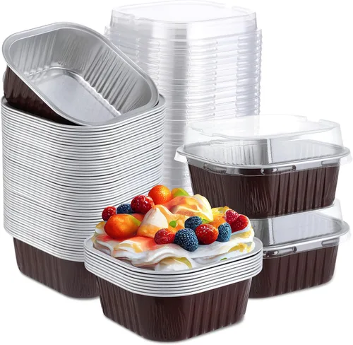 Miniatura 27 de Aoriher 150 piezas de moldes mini para pasteles de 10 onzas con tapas, tazas de horneado de papel de aluminio cuadradas desechables de 4" x 4