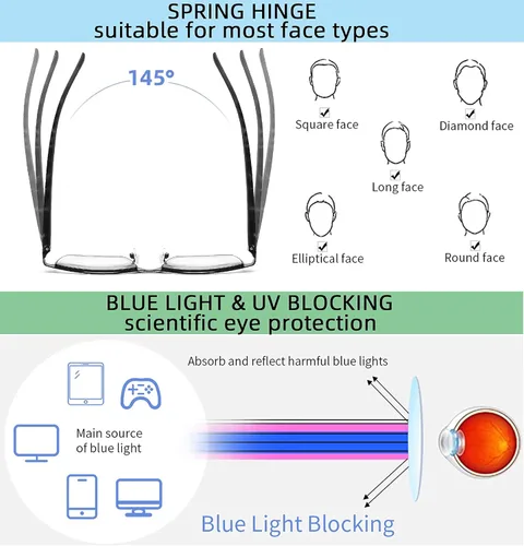 Miniatura 6 de Paquete de 4 lentes de lectura con bloqueo de luz azul para hombres, elegantes lentes de marco metálico con bisagras de resorte cómodas, filtro UV