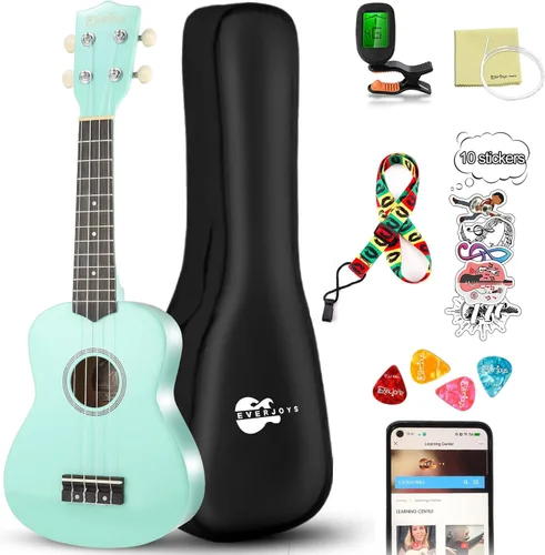 Miniatura 10 de Everjoys Paquete de ukelele soprano para principiantes de 21 pulgadas con clase en línea gratuita, bolsa de actuación, afinador digital, púas y paño