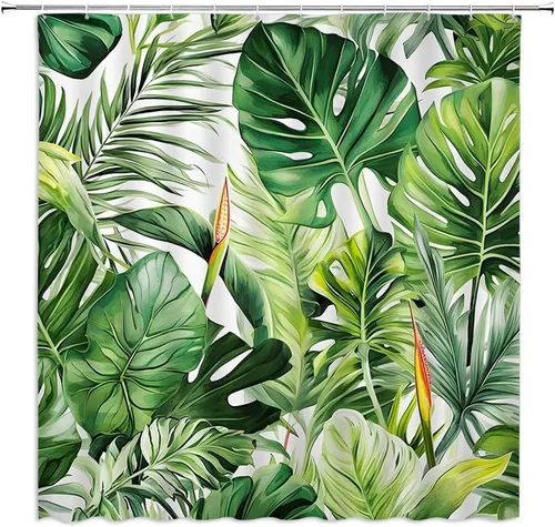 Miniatura 3 de Cortina de ducha de hojas verdes tropicales, hojas de palmera, Monstera, plátano, selva, acuarela, decoración de baño, juego de cortinas con ganchos