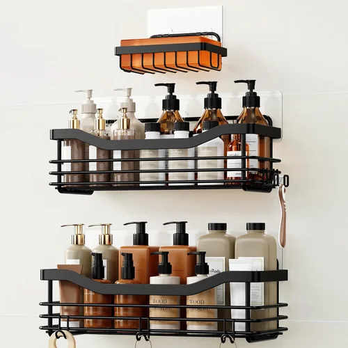 Miniatura 12 de Orimade Cesta de ducha con 5 ganchos, organizador de baño, estante de almacenamiento de cocina, adhesivo montado en la pared, sin perforaciones