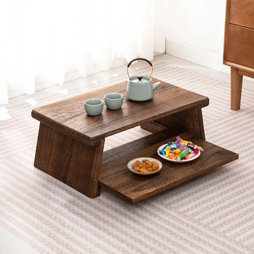 Mesa de altar japonesa, mesa de centro baja minimalista negra vintage, mesa de té de madera plegable para sala de estar, tatami y meditación