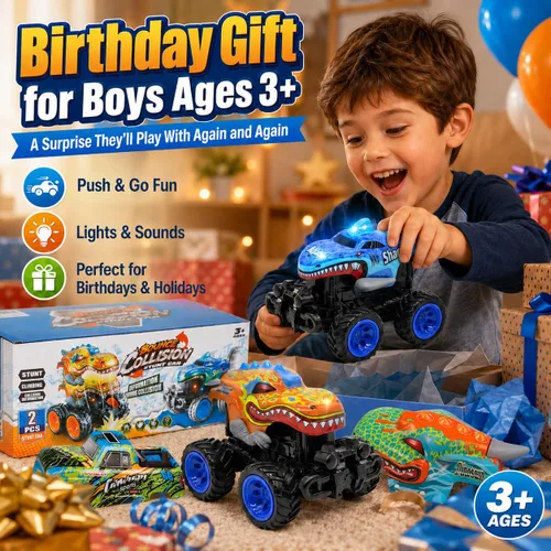 Miniatura 8 de Paquete de 2 camiones monstruos explosivos para niños de 4 a 7 años, dinosaurios y tiburones, autos de juguete con música, regalos de cumpleaños