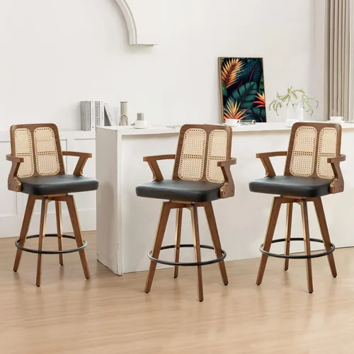 Miniatura 20 de Juego de 2 Taburetes de Mostrador - Taburetes Giratorios de 27 Pulgadas con Respaldo de Ratán, Brazos Curvos, Asiento Tapizado, Patas de Bambú Nogal