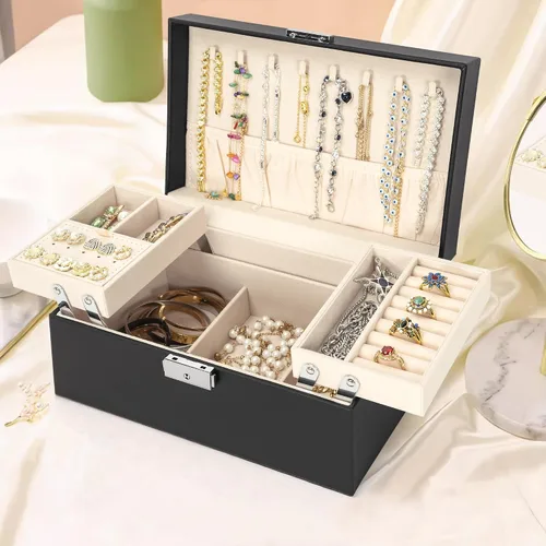 Miniatura 6 de AKOZLIN Joyero de viaje organizador funcional de 2 bandejas de cuero con cerradura portátil para mujeres y niñas, anillo collar, aretes, pulsera