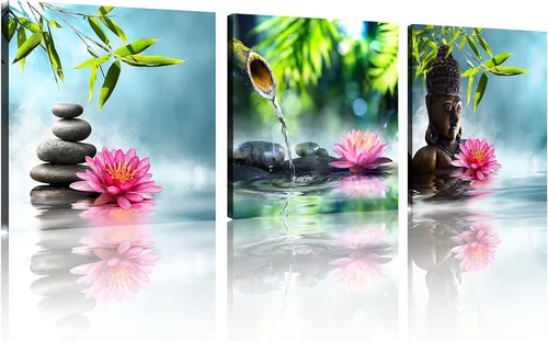 Miniatura 18 de TutuBeer 3 Paneles Arte Zen Decoración Spa Verde Bambú Decoración Rosa Aguas y Frangipani Imágenes Pintura Zen en Lienzo Impresiones Arte Bambú