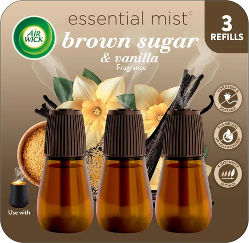 Air Wick - Recambio de esencia en bruma para difusor esencial, 3 unidades, azúcar moreno y vainilla, aroma de otoño, aceites esenciales, ambientador