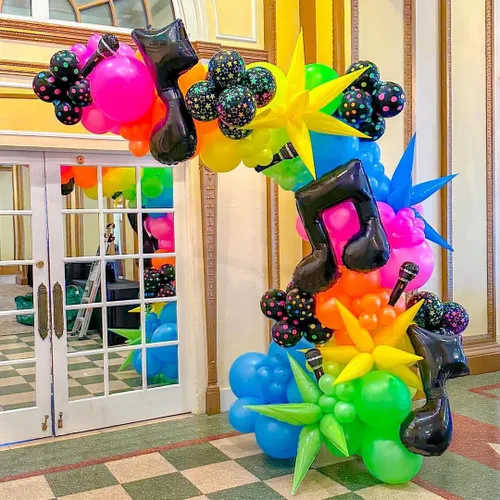 Miniatura 3 de Decoraciones de fiesta con temática musical de neón, 165 globos que brillan en la oscuridad con gafas de radio de bola de discoteca retro, globos