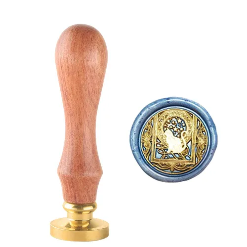 Sello de cera con cabeza de latón extraíble y mango de palisandro, sello retro vintage de madera de gato para invitaciones de sobres de boda (gato