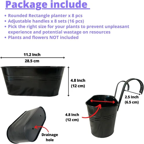 Miniatura 3 de LaLaGreen Maceta de Riel para Plantas de Exterior (11.2 Pulgadas, Paquete de 8) Macetas Colgantes de Hierro Metal Negro Barandillas de Terraza Cubos