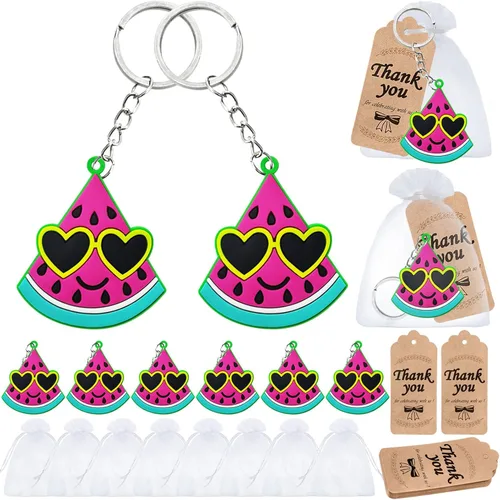Paquete de 60 llaveros de fiesta de sandía: 20 llaveros, 20 etiquetas de agradecimiento, 20 bolsas de organza para baby showers, fiestas de frutas