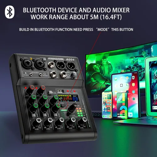 Miniatura 5 de Mezclador de audio de 4 canales con efectos 88 DSP, mesa de mezclas, interfaz USB, Bluetooth, reproductor de música + alimentación fantasma de línea