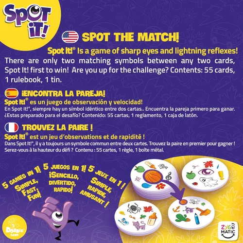 Miniatura 3 de Asmodee Spot It! Juego de cartas clásico (actualización 2024) - Edición con funda ecológica, juego de percepción visual 5 en 1 para reflejos rápidos