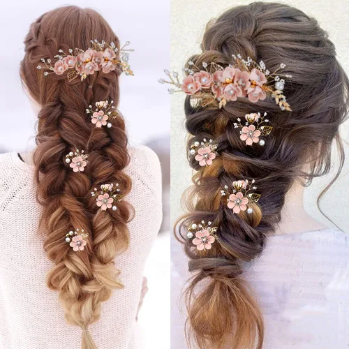 Miniatura 6 de 5 Piezas Horquillas de Flores Nupciales para Cabello de Boda Peines de Cabello de Cristal y Perla Clips Tocado Dorado Accesorios de Cabello de Boda
