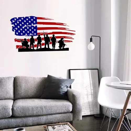 Miniatura 4 de Amaonm - Calcomanías de pared extraíbles con la bandera estadounidense de soldado, calcomanías patrióticas de vinilo para despegar y pegar