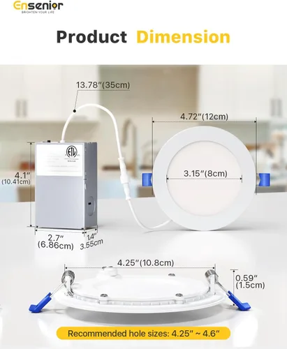 Miniatura 5 de Ensenior Paquete de 12 Luces LED Empotradas de 4 Pulgadas, Regulables, Blanco Claro 6000K, 750LM Alta Luminosidad, 9W 120V, 2 Pines, ERL-9X-ETL