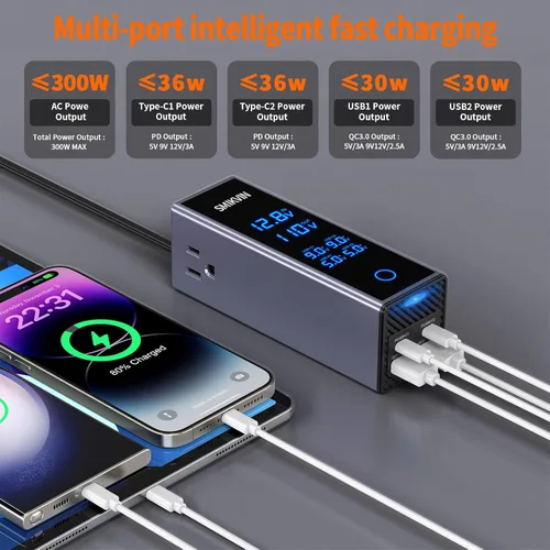 Miniatura 2 de Inversor de corriente para automóvil de 300 W, convertidor de 12 V a 110 V CA con 2 salidas de CA y 4 puertos USB (2 PD 36 W + 2 QC3.0 30 W)