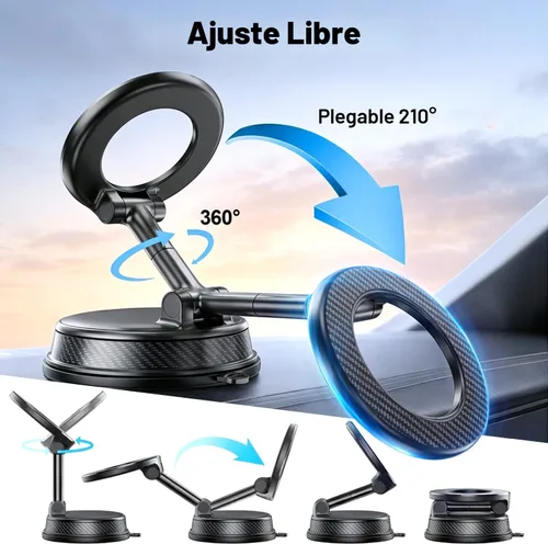 Soporte magnético negro para teléfono para automóvil, succión al vacío e imán de 3000 gf, soporte de tablero ajustable de 360°, compatible con