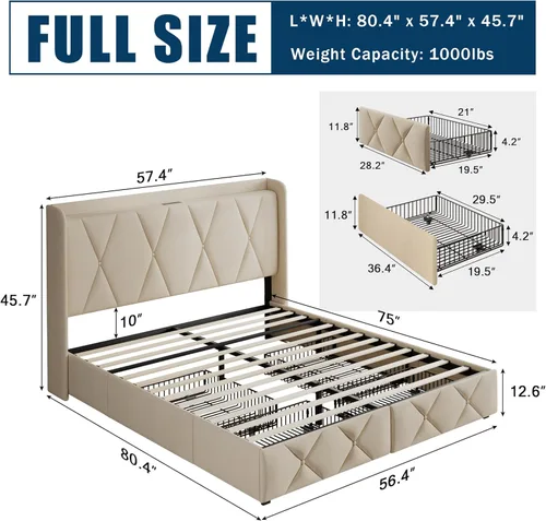 Miniatura 2 de GalnFu Base de cama de tamaño matrimonial con 4 cajones de almacenamiento, plataforma tapizada con estación de carga, moderna cabecera de Beige