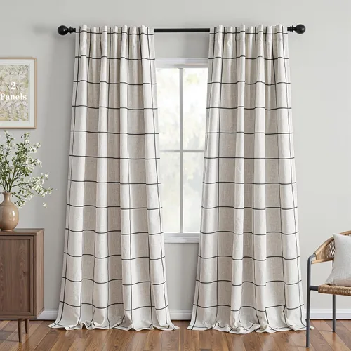 Miniatura 19 de MYSKY HOME Cortinas de Lino a Cuadros 100% Opacas de 45 Pulgadas de Largo de Doble Capa Estilo Granja con Aislamiento Térmico Estampado a Cuadros