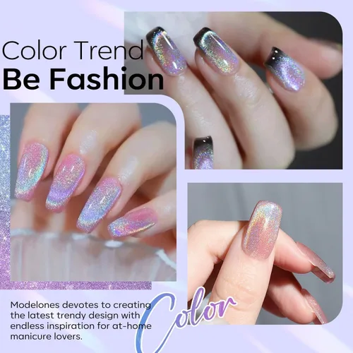 Miniatura 2 de Modelones Esmalte de uñas de gel ojo de gato arco iris con lentejuelas plateadas holográficas, esmalte de uñas de gel 9D con barra magnética, apto
