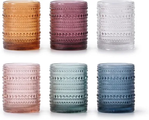 Mfacoy Colored Hobnail Drinking Glasses Set of 6, 10oz Vintage Kitchen Glassware, Embossed Beaded Glass Cups, Water Glasses, Beaded Colorful Water