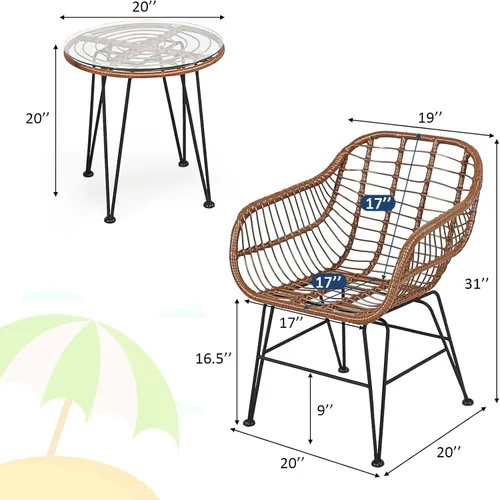 Miniatura 5 de Tangkula - Juego de 3 piezas para conversación en el patio, juego de muebles de mimbre al aire libre con mesa redonda de vidrio templado y 2