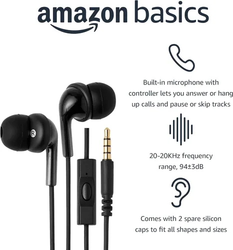 Miniatura 2 de Amazon Basics - Auriculares con cable con micrófono, intrauditivos, conector de 3,5 mm, cable de 1,3 m de largo, almohadillas S/M/L, negro