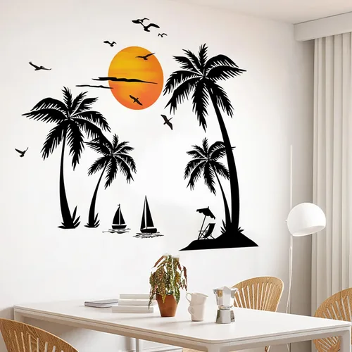 Miniatura 7 de Calcomanías de pared grandes de palmera negra, calcomanías de pared de pájaros tropicales de cocotero, mural de bosque para dormitorio, sala