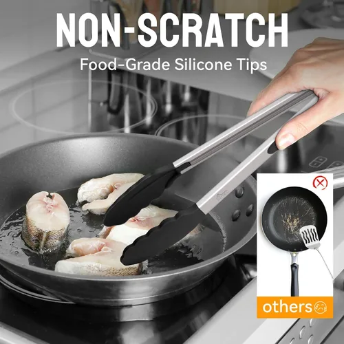Miniatura 3 de HOTEC - Pinzas de cocina de acero inoxidable de primera calidad con cierre y puntas de silicona, juego de 2 de 9 pulgadas y de 12 pulgadas Paquete