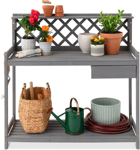 Best Choice Products Banco para macetas de jardín al aire libre, mesa de trabajo de madera con cajón de gabinete, estante abierto, almacenamiento