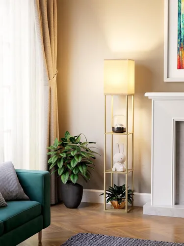 Miniatura 10 de Lámpara de pie con estantes para sala de estar blanca, lámpara de pie con estante con bombilla LED de 3 CCT, lámpara de columna de pie de esquina